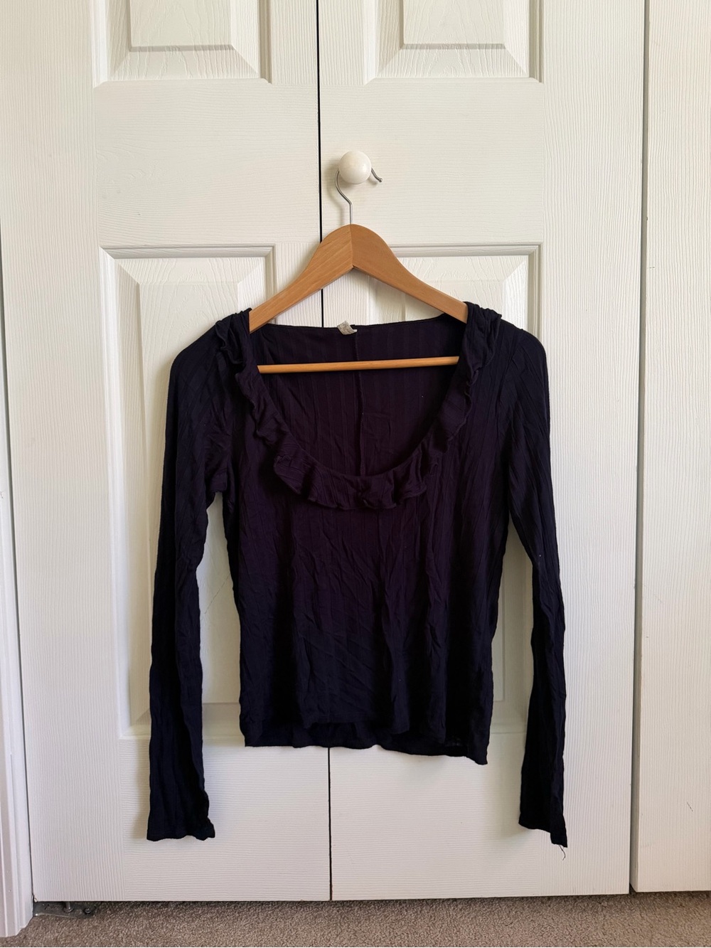 Free People Navy Long Sleeve Ruffle Scoop Neck Top